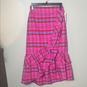 NEW Vineyard Vines pink plaid taffeta ruffle front hi lo hem midi skirt, L